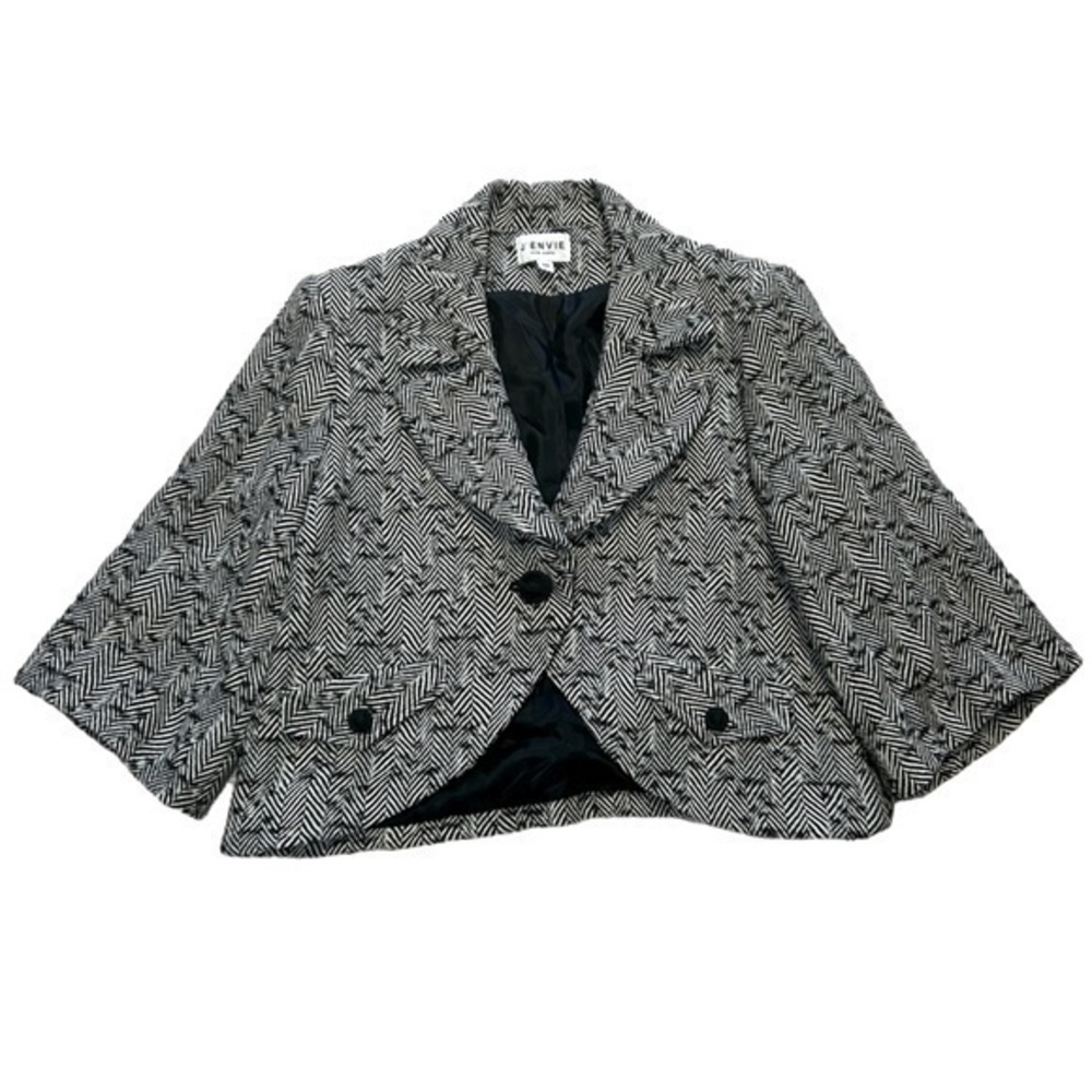 J’ENVIE NEW YORK 100% HERRINGBONE WOOL 3/4 SLV BLACK WHITE LINED BLAZER, SIZE 10